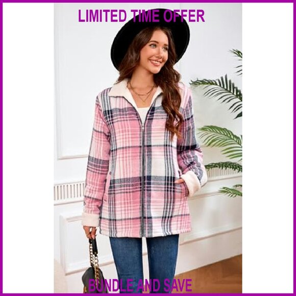 Women's Sherpa Lined Fleece Jacket Full Zip Plaid Flannel Casual - Picture 4 of 8